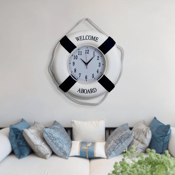 Nautical Round Wall Clock, 18" Silent Decorative Clock, Lifebuoy Coastal Beach Themed Decor, Nautical Gifts