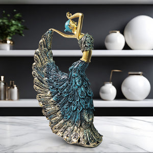 Peacock Feather Dancing Lady Figurine, Ballerina Statue, 11" Shelf, Mantle, Table, Desk Decor Centerpiece by Sona Casa