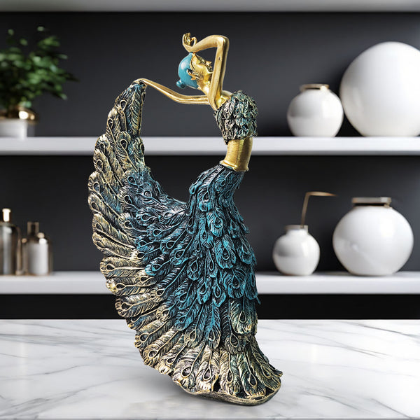 Peacock Feather Dancing Lady Figurine, Ballerina Statue, 11" Shelf, Mantle, Table, Desk Decor Centerpiece