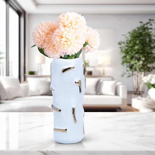 White Ceramic Vase, Golden Accent, Fresh or Faux Flowers, 12" Table Decor