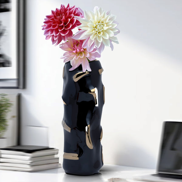 Abstract Black Ceramic Vase, Golden Highlights, 12" Table Decor