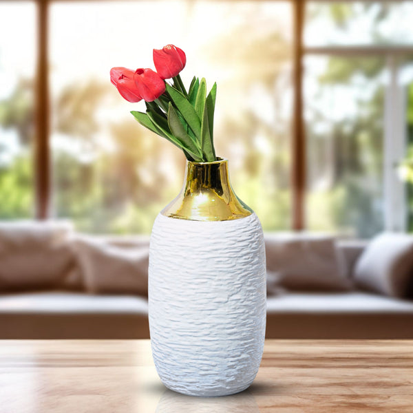 White Ceramic Vase, Golden Rim, 12" Abstract Tabletop Decor