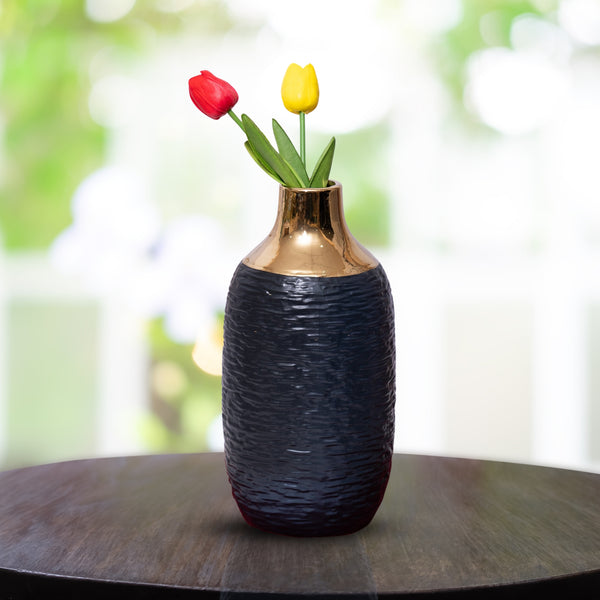 Black Ceramic Minimalist Vase With Golden Rim, 12" Modern Flower Vase