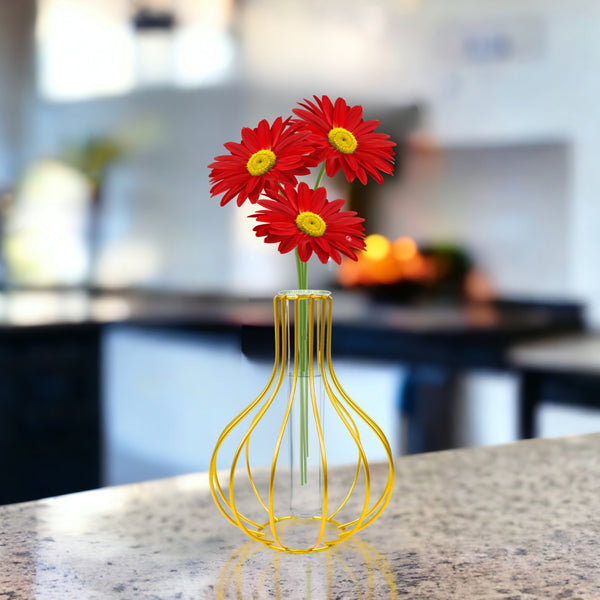 Gold Metal Hydroponic Flower Pot, Glass Propagation Tube, 7" Indoor Decor by Sona Casa