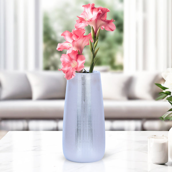 Silver and Chrome 10" Ceramic Vase Tabletop, Desktop, Countertop, Living Room Centerpiece, Home Office Decor Gifts