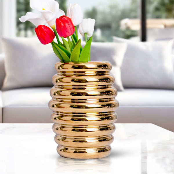 Golden Ceramic Honey Spoon Vase, 8" Modern Flower Vase Decor, Fresh or Fake Florals, Gift for Mom