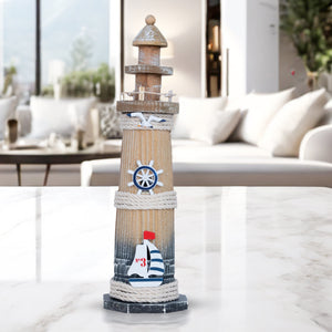 Rustic Brown Wood Miniature Lighthouse Model, 13" Nautical Figurine, Decorative Statue, Table, Desktop, Shelf Decor by Sona Casa