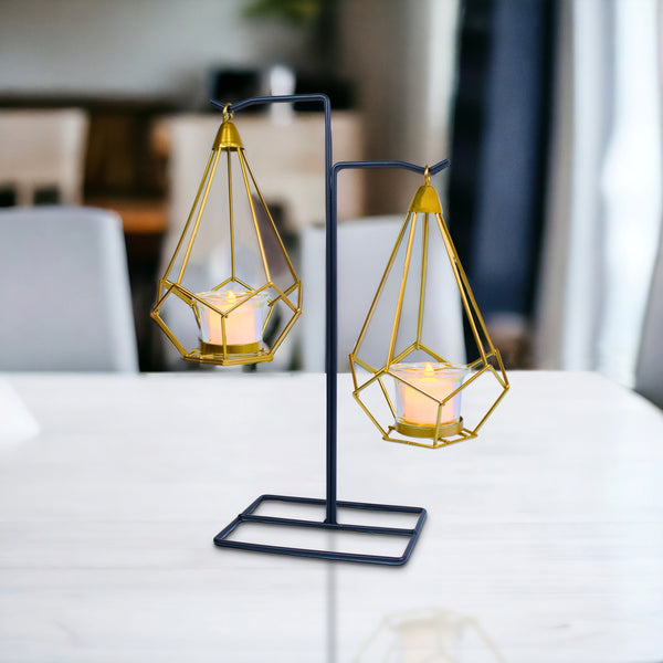 Gold Candle Holder, Metal Frame, 2 Glass Containers, 14" Home Decor