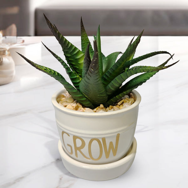 Fake Haworthia Succulent in White Ceramic Planter 5" Tabletop Centerpiece by Sona Casa