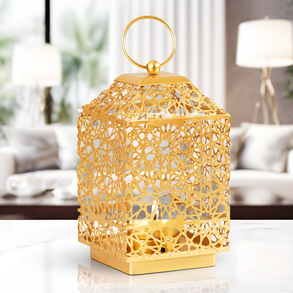 Golden Tealight Lantern Candle Holder, 7" Metal Holder, Indoor Outdoor Decor with 1 Tealight Candle