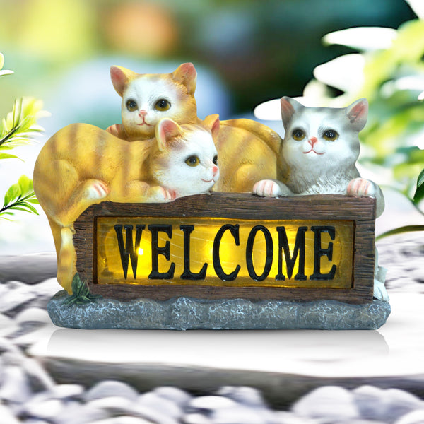 Cute Solar Cat Garden Statue With Welcome Sign, 8" Outdoor Lawn Patio Front Porch Decor, Housewarming Gift