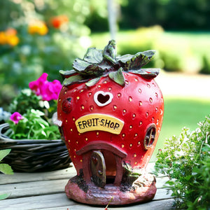 Polyresin Strawberry Solar Statue, 16" Fairy Garden Accessory Outdoor Decor by Sona Casa