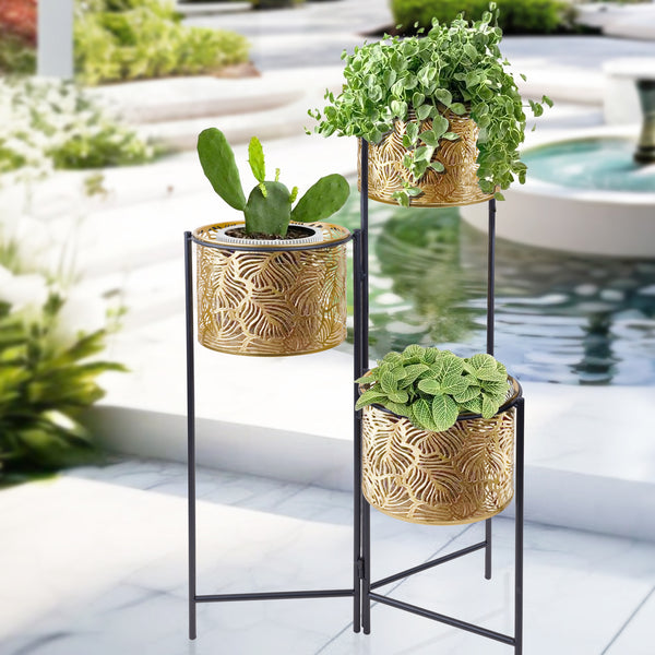 Indoor Metal Planters, 32" Golden Living Room Patio Decor, 3-Tier Rustic Farmhouse Plant Pots with Stand