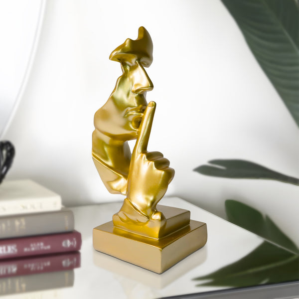 Abstract Silence is Golden, Silence Face Thinker Statue, Gold Polyresin Art Home or Office Decor 12 inch 31 cm