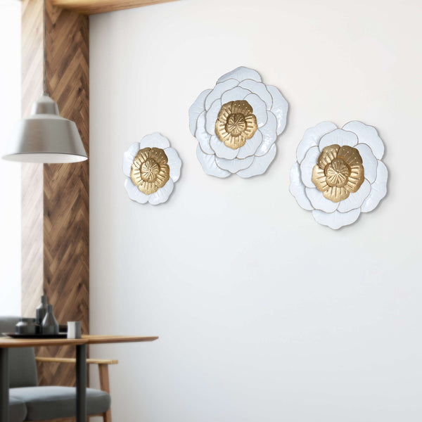 Trio Elegant Home Decorations, 3 Set 22" Metal Flower Wall Art, Floral White Gold Modern Home Office Decor