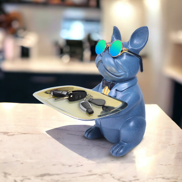 Cute Blue Dog Storage Organizer, Metal Tray Holder, Key Organizer, Table Organizer for Home or Office 9 inch 23 cm