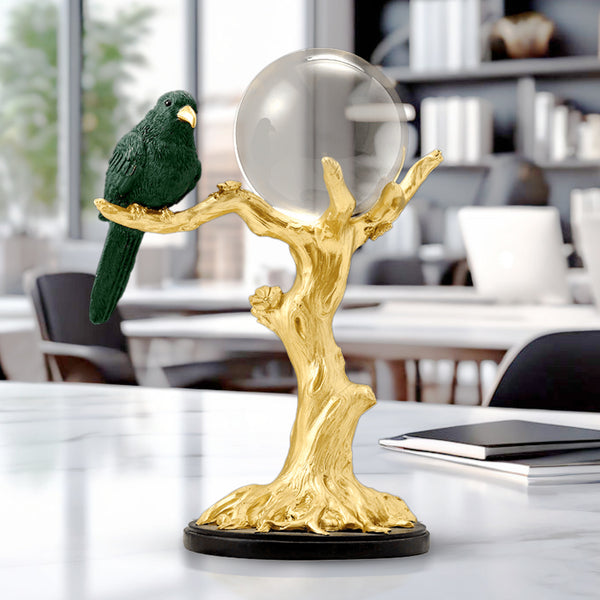 Countertop Sculpture Crystal Ball and Bird on Tree, 9" Tabletop Centerpiece | Home Decor