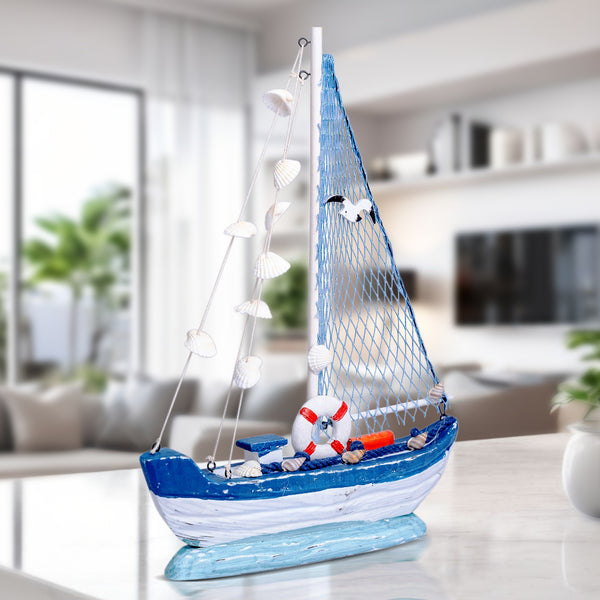 Handmade Wooden Sailboat, 15" Nautical Table Sculpture, Rustic Boat Model, Desk Shelf Decor, Gifts