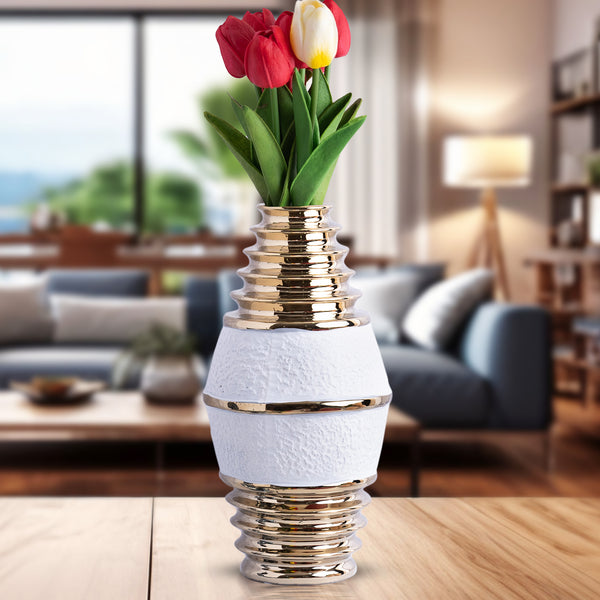 White Ceramic Tulip Vase, Golden Rims, 11" Modern Table Desk Shelf Centerpiece Decor, Unique Gifts