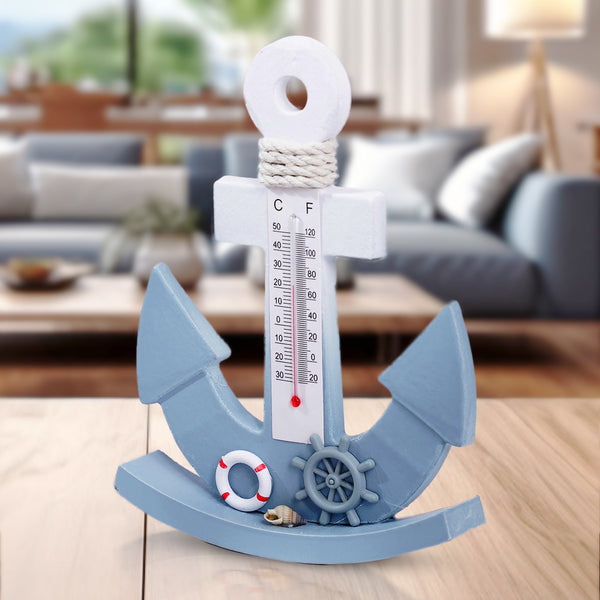 Wooden Anchor Desk Statue with Temperature Gauge, 8" Decorative Nautical Decor, Beach Themed Home Decor, Gifts