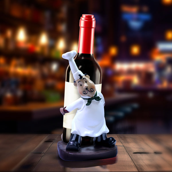 Wine Bottle Holder, Cute Polyresin Chef 750mL Bottle Organizer, Kitchen Countertop Decor 6 inch, 20 cm