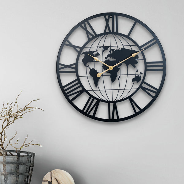 Round Metal Wall Clock, Black Embedded World Map, 24" Silent Roman Numeral Decorative Clock, Home Office Decor-Sona Casa