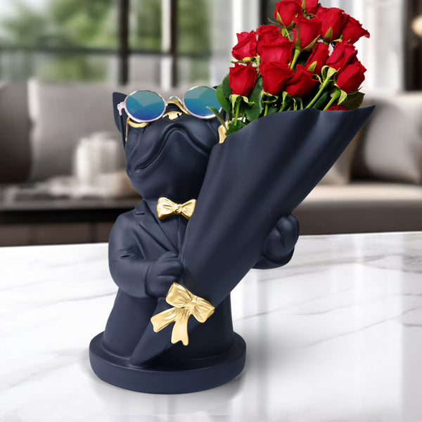 Dog Statue with Bouquet Holder Black Home Decor Accent, Polyresin Artwork Tabletop Centerpiece 9 inch 22 cm