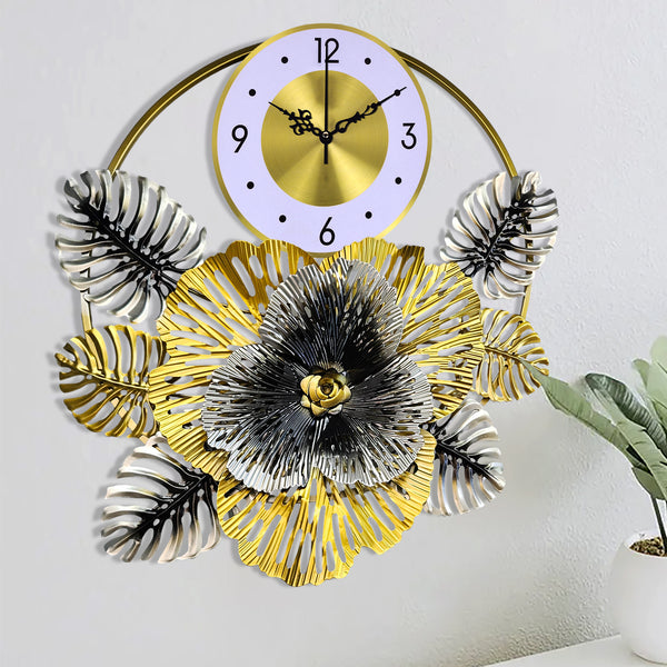 Floral Metal Wall Clock, 24" Home Decor, Silent Nonticking Extra Large Decorative Clock Wall Decor