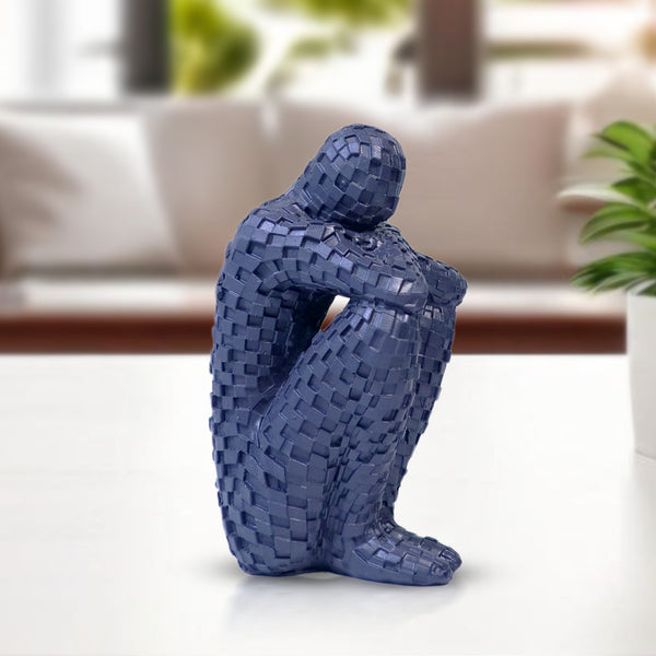 Small Abstract Sculpture, The Thinker, Polyresin Artwork, Navy Blue Home Decor Gift 5 inch 13 cm