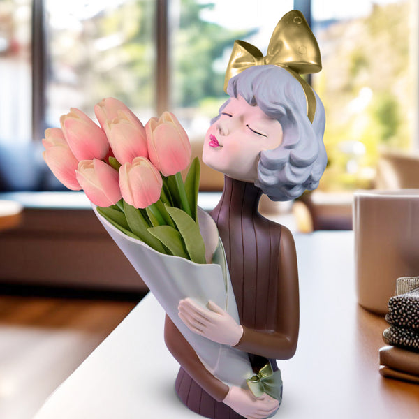 Female Bust Sculpture, Storage, Vase, Bouquet Holder, 15" Tabletop Decor