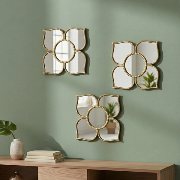 Golden Floral Wall Mirror Set, Traditional Modern Diwali Decor Gift, 25 cm Mirrors Pooja Room Decor-Sona Casa