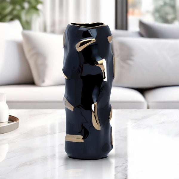 Abstract Black Ceramic Vase, Golden Highlights, 12" Table Decor