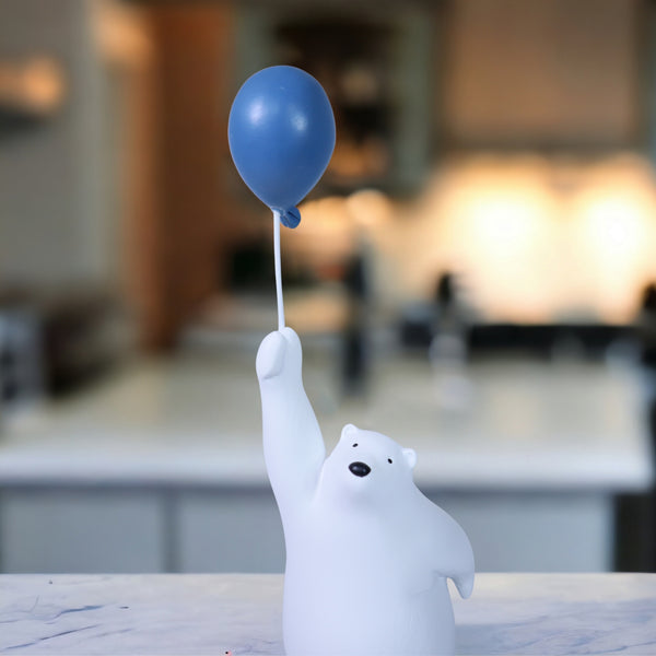 Polar Bear Sculpture, 12" Funny Animal Statue, Blue Balloon, Unique Gift
