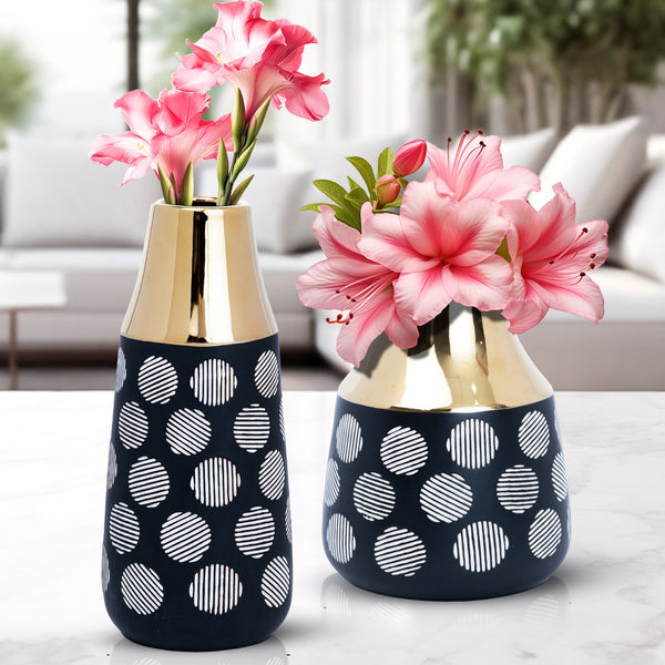 Black Ceramic Tulip Vase, Abstract, Golden Rim, 8" and 13" Table Vase Pair