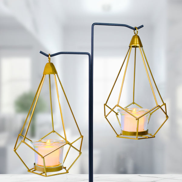 Gold Candle Holder, Metal Frame, 2 Glass Containers, 14" Home Decor