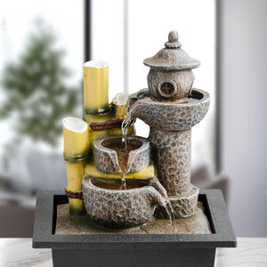 Indoor Water Fountain with Lights, 11" Asian Temple Desktop Waterfall by Sona Casa