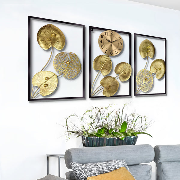 Extra Large Golden Decorative Wall Clock, 24" Silent Non Ticking Clock with Decorative Panels Wall Decor