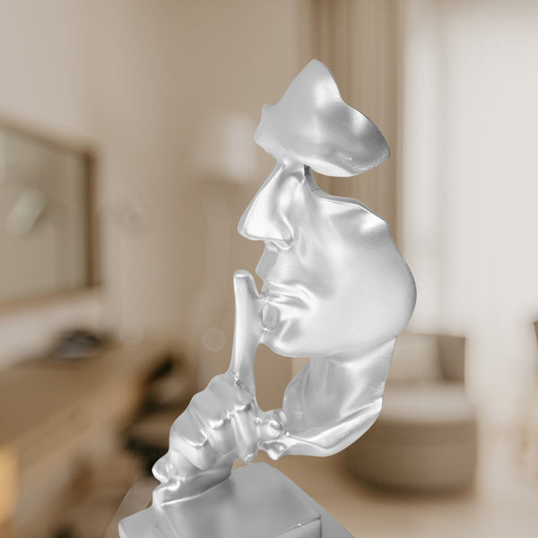 Silver Silence is Golden Thinker Statue, Abstract Silence Face, Polyresin Artwork for Living Room 12 inch 31 cm | Home Decor