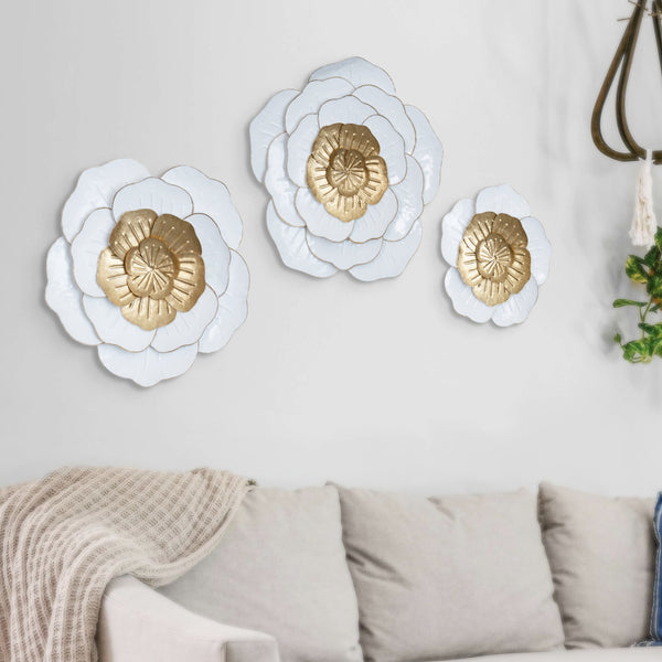 Trio Elegant Home Decorations, 3 Set 22" Metal Flower Wall Art, Floral White Gold Modern Home Office Decor