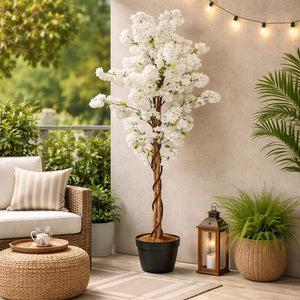 Large Artificial Tree, 55" White Sichuan Cherry Blossom, Nearly Natural Fake Plant, Indoor Outdoor Decor for Garden, Patio, Front Porch by Sona Casa