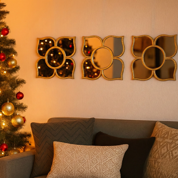 Golden Floral Wall Mirror Set, Traditional Modern Diwali Decor Gift, 25 cm Mirrors Pooja Room Decor-Sona Casa