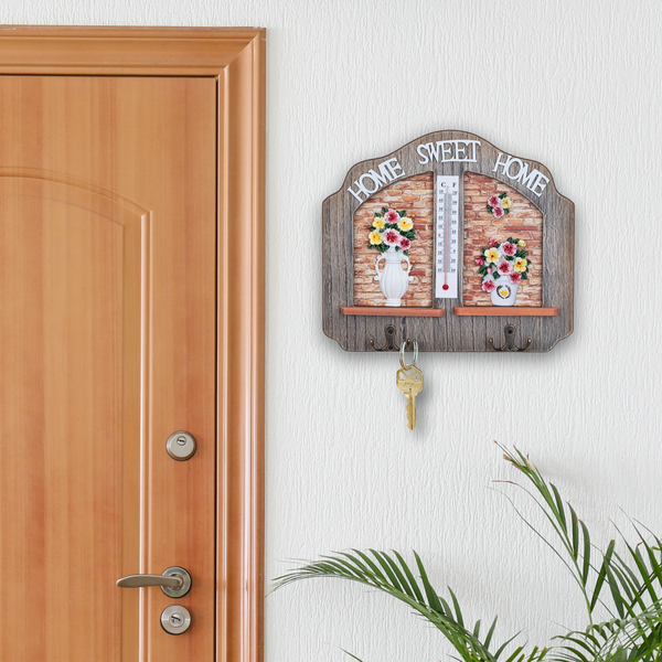 Farmhouse Wooden Key Holder Rack with Thermometer & 2 Double Hooks, Beige 10" Home Entryway Decoratiive Key Hangers, Decor Gifts