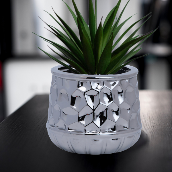 Silver Chrome Ceramic Vase, 5" Geometrical Textured Bud Vase for Fake or Fresh Flowers, Home Decor Accent