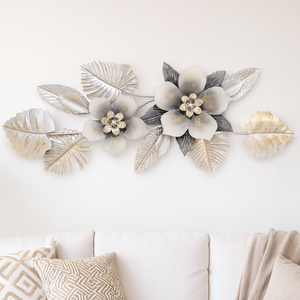 Large Metal Flower Wall Art, 3D Floral Wall Sculpture, Modern Botanical Decor with Silver & Gray Leaves, Textured Metal Wall Decor for Living Room, Bedroom, or Entryway-Sona Casa