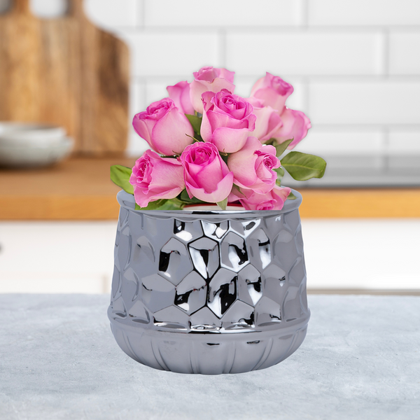 Silver Chrome Ceramic Vase, 5" Geometrical Textured Bud Vase for Fake or Fresh Flowers, Home Decor Accent