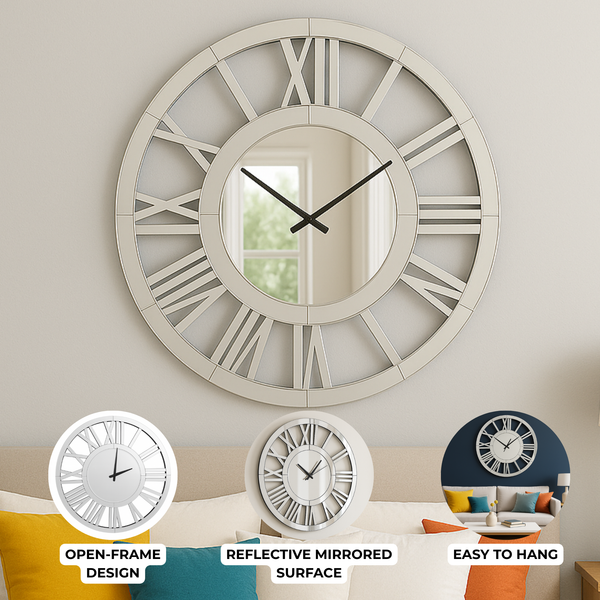 Large 60 cm Round Glass Mirror Wall Clock, Modern Roman Numeral Decorative Clock, Above Bed, Couch Decor, Gift-Sona Casa