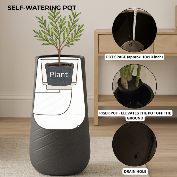 Modern Tall Black Indoor Self Watering Decorative Plant Pot, 33 in Contemporary Flower Pot Home, Office, Garden Decoration, Gift-Sona Casa
