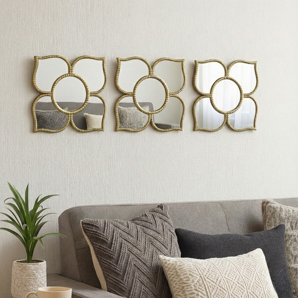 Golden Floral Wall Mirror Set, Traditional Modern Diwali Decor Gift, 25 cm Mirrors Pooja Room Decor-Sona Casa