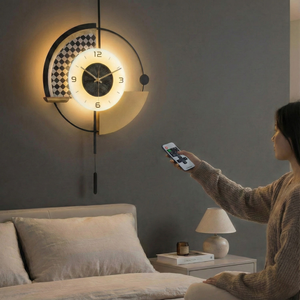 Modern Black and White Wall Clock with LED Light, Remote Controlled, Unique Geometric Design, Pendulum, Living Room Decor, Gift-Sona Casa