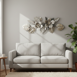 Large 60 Inch wide 3D Metal Flower Wall Art Sculpture with Silver & Gray Leaves, Textured Modern Botanical Decor for Living Room or Bedroom-Sona Casa